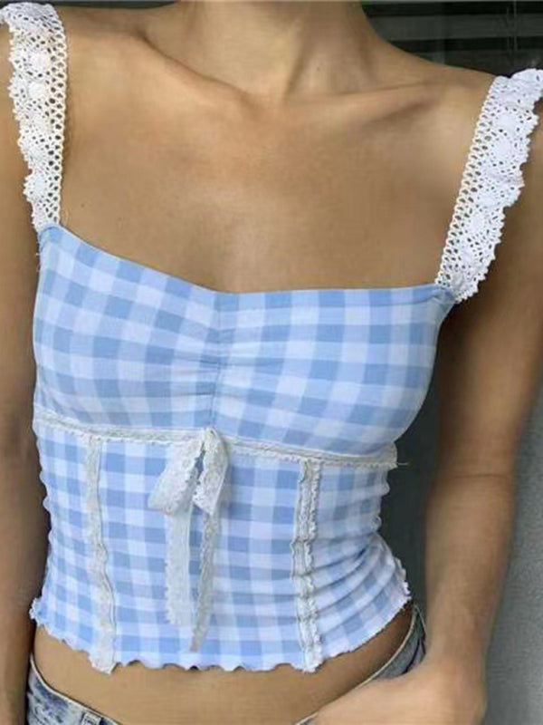 Spliced lace small suspender slim short plaid vest