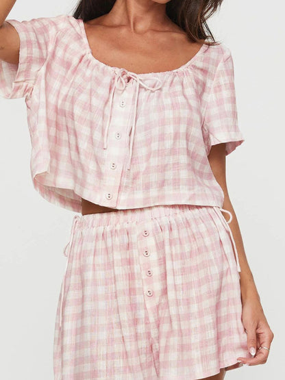 New Pink Plaid Bow Tie Top Breasted Button Shorts Casual Suit