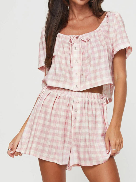 New Pink Plaid Bow Tie Top Breasted Button Shorts Casual Suit