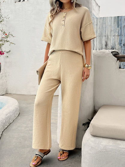 New spring and summer casual solid color knitted short-sleeved trousers suit