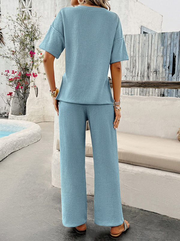 New spring and summer casual solid color knitted short-sleeved trousers suit