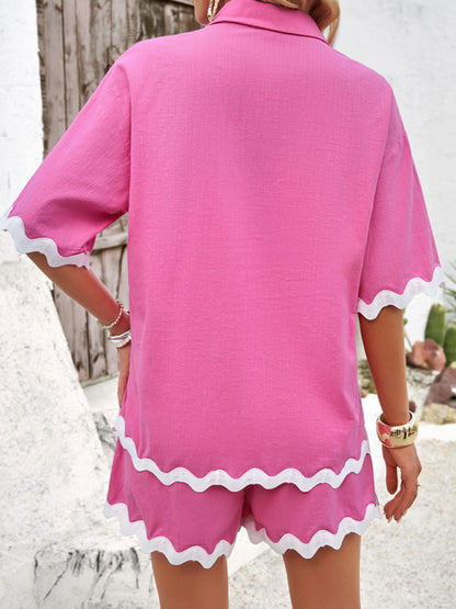 Spring and summer casual solid color lace shirt and shorts suit