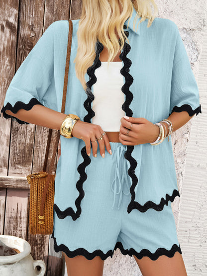 Spring and summer casual solid color lace shirt and shorts suit
