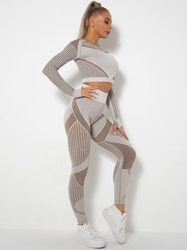 Seamless Tight Striped Long-Sleeved Quick-Drying Fitness Set (Brown)