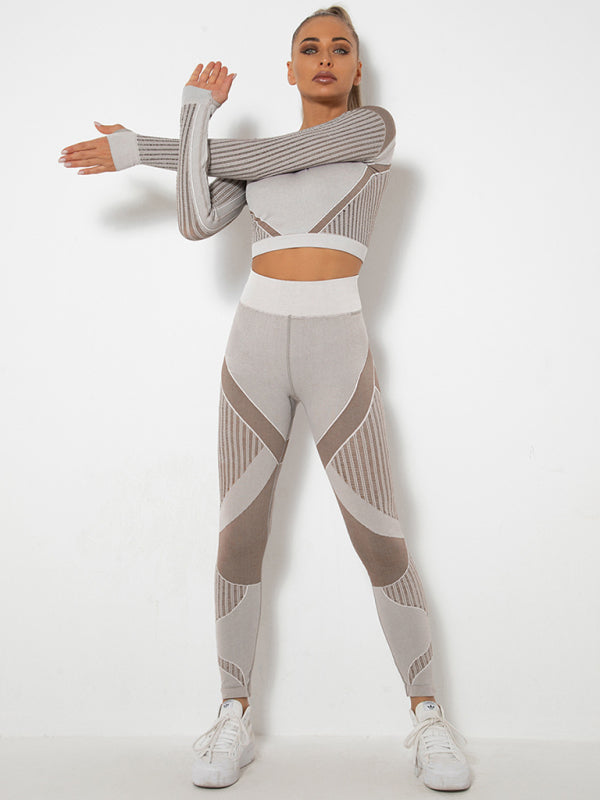 Seamless Tight Striped Long-Sleeved Quick-Drying Fitness Set (Brown)