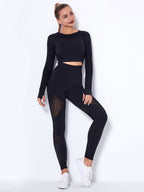 Seamless Tight Striped Long-Sleeved Quick-Drying Fitness Set (Black)