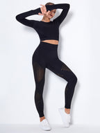 Seamless Tight Striped Long-Sleeved Quick-Drying Fitness Set (Black)