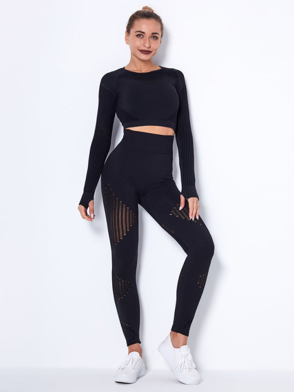 Seamless Tight Striped Long-Sleeved Quick-Drying Fitness Set (Black)