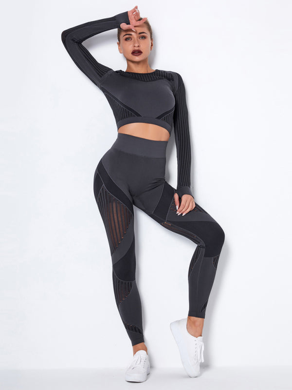 Seamless Tight Striped Long-Sleeved Quick-Drying Fitness Set (Charcoal Grey)