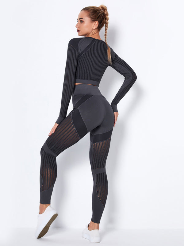 Seamless Tight Striped Long-Sleeved Quick-Drying Fitness Set (Charcoal Grey)