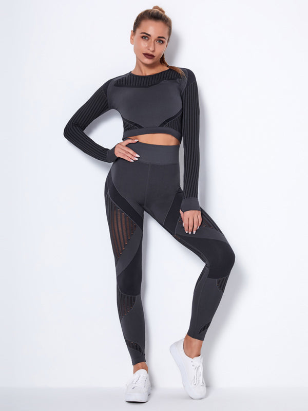 Seamless Tight Striped Long-Sleeved Quick-Drying Fitness Set (Charcoal Grey)