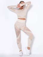Seamless Tight Striped Long-Sleeved Quick-Drying Fitness Set (Khaki)