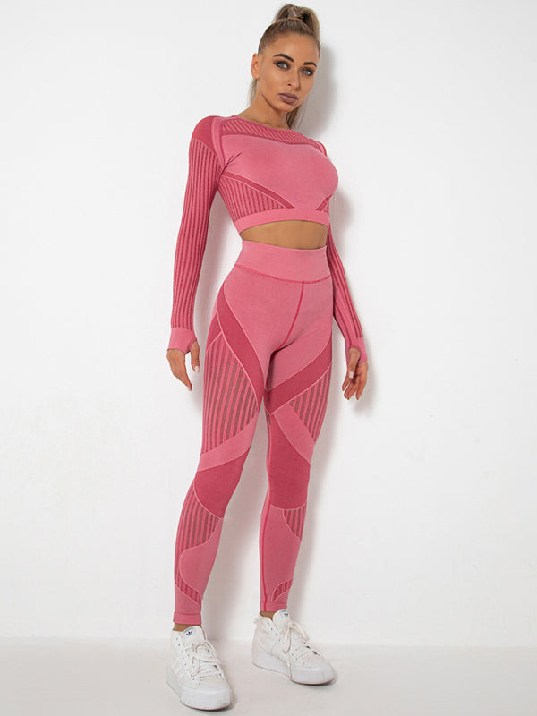 Seamless Tight Striped Long-Sleeved Quick-Drying Fitness Set (Watermelon Red)