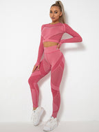 Seamless Tight Striped Long-Sleeved Quick-Drying Fitness Set (Watermelon Red)