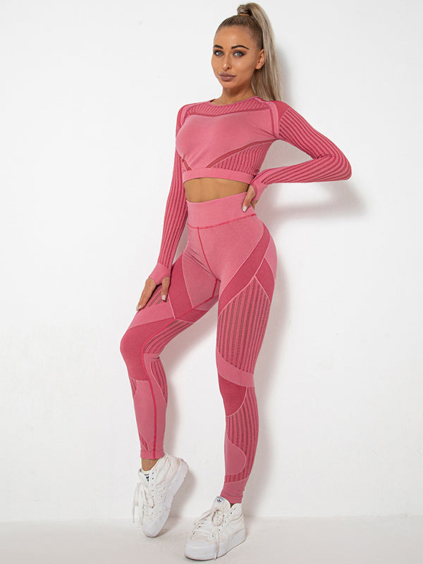 Seamless Tight Striped Long-Sleeved Quick-Drying Fitness Set (Watermelon Red)