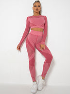 Seamless Tight Striped Long-Sleeved Quick-Drying Fitness Set (Watermelon Red)