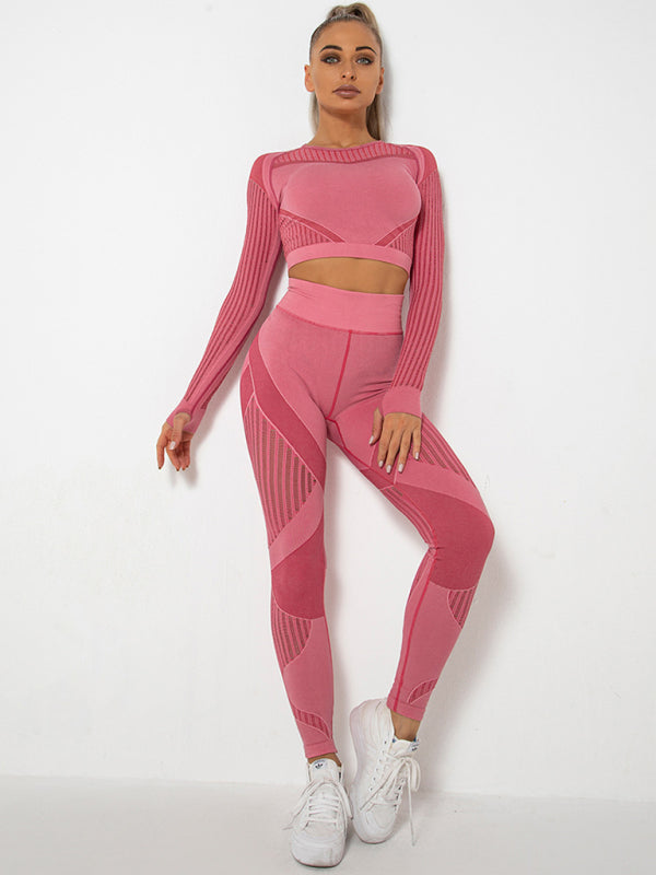 Seamless Tight Striped Long-Sleeved Quick-Drying Fitness Set (Watermelon Red)
