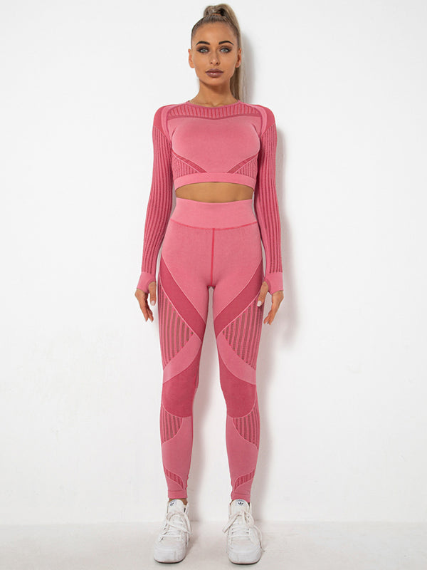 Seamless Tight Striped Long-Sleeved Quick-Drying Fitness Set (Watermelon Red)