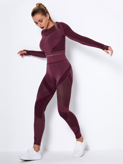 Seamless tight striped long-sleeved pants quick-drying yoga wear sportswear set