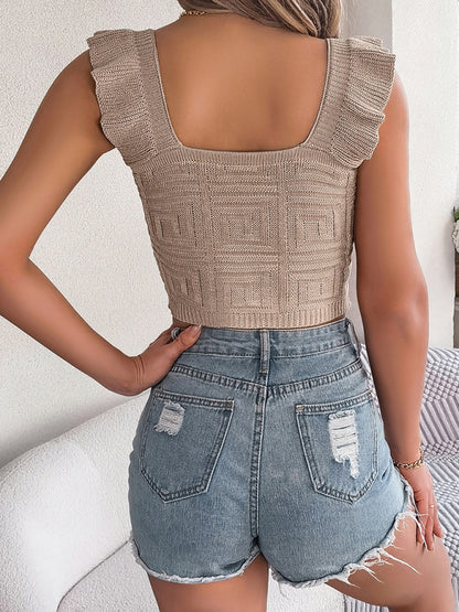 New solid color square neck sleeveless sweater crop top with fungus hem