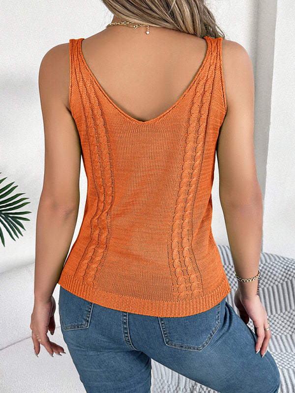 New casual solid color V-neck hollow top vacation sweater