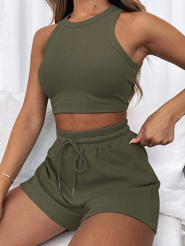 Women's new loose solid color casual sleeveless shorts suit