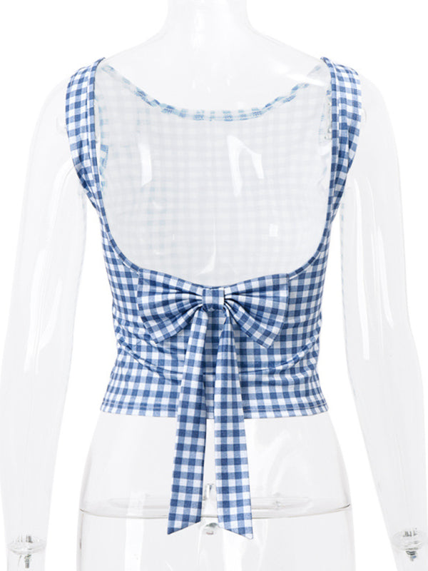 New women's hottie houndstooth bow strap temperament slim vest