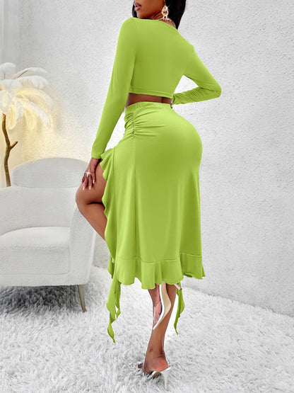 Women's Solid Color Round Neck Long Sleeve Top Ruffled Skirt Suit