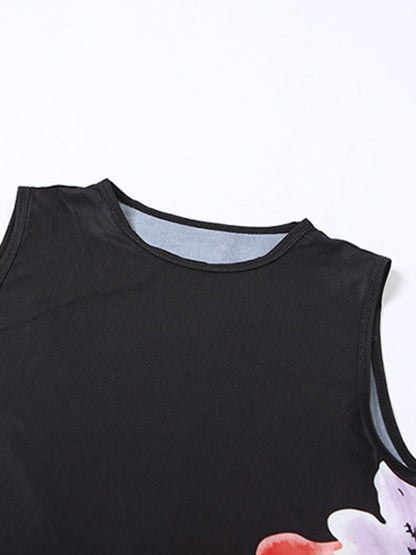 New women's fashionable sleeveless printed T-shirt slim fit hip-hugging slit skirt suit