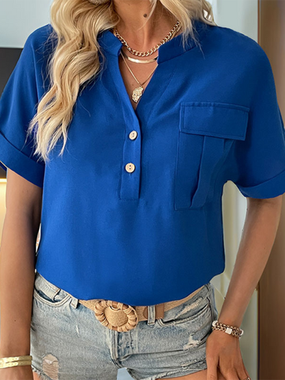 Women's short sleeve solid color v-neck shirt
