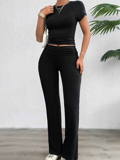 Spring/Summer Casual Solid Color Slim Fit Short Sleeve Long Pants Suit