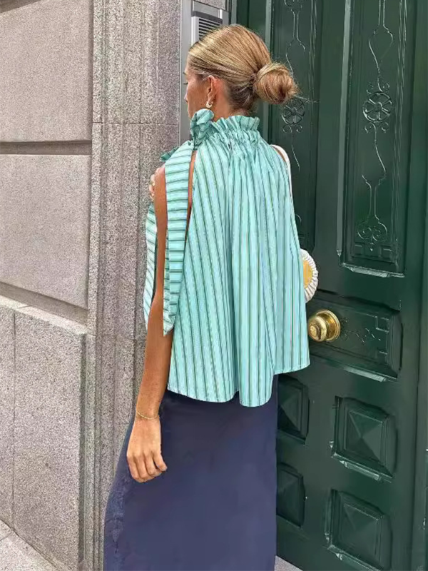 Women's new casual loose ruffle collar sleeveless striped top