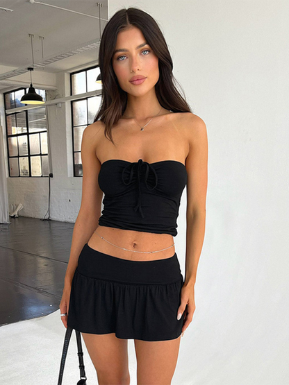 Women's sexy smocked corded tube top with wide swing A-line pants and skirt suit