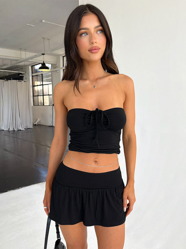 Women's sexy smocked corded tube top with wide swing A-line pants and skirt suit