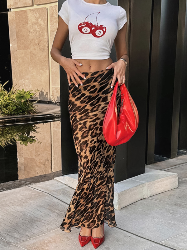 Sexy chiffon fishtail skirt floor-length leopard print skirt