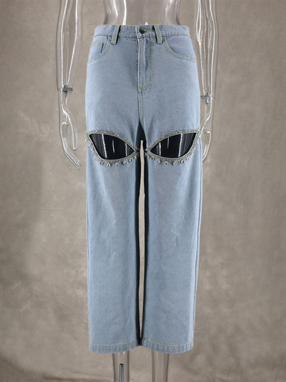 New fashionable blue ripped straight jeans