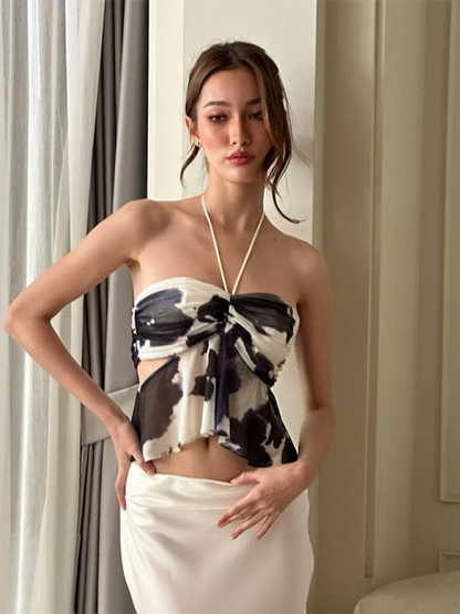 Women's new color matching pleated fashion print halter neck tube top