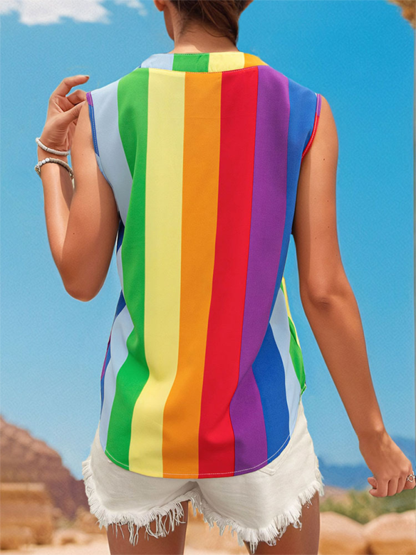 Women's sleeveless basic shirt tops colorful striped V-neck shirt