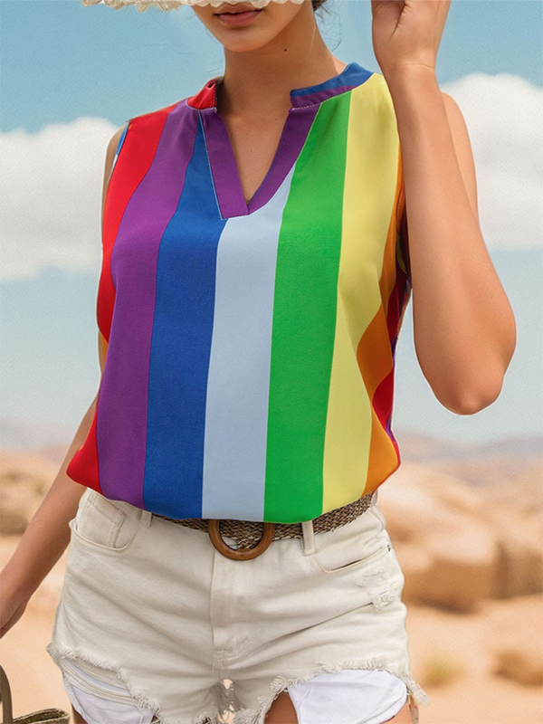 Women's sleeveless basic shirt tops colorful striped V-neck shirt