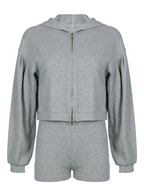 Zippered hooded cardigan, sweatshirt, V-neck triangle cup bra, high waist shorts, three-piece set