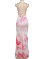 Ladies new fashion contrast color print halter neck lace up slim V-neck dress