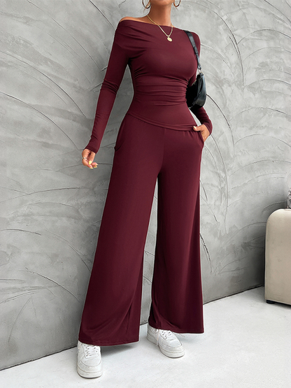 Women's Y2K Slim Fit Long Sleeve Top Wide Leg Pants Set