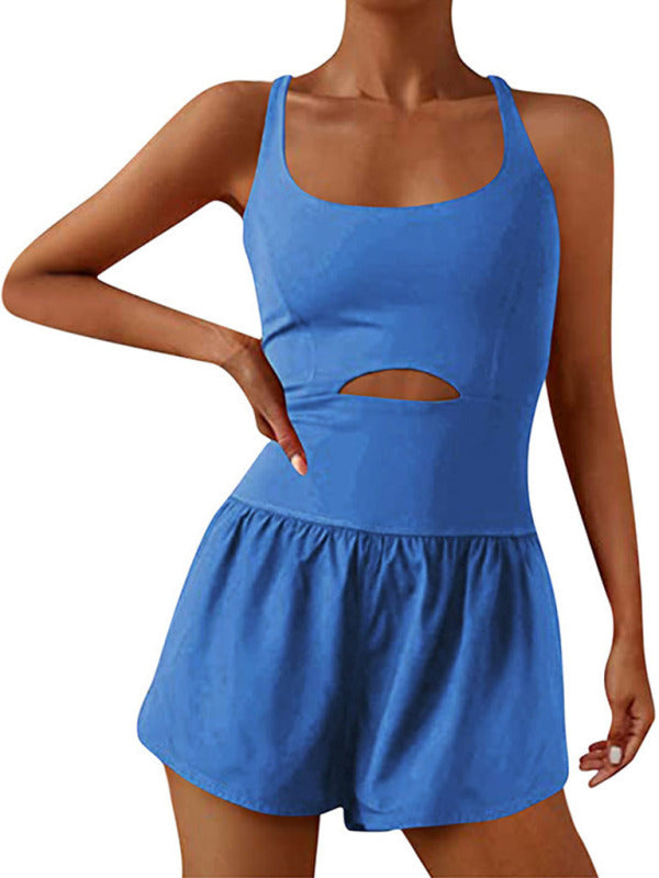 Beautiful Double Back Strap Tight Fitness Jumpsuit (Azure Blue)