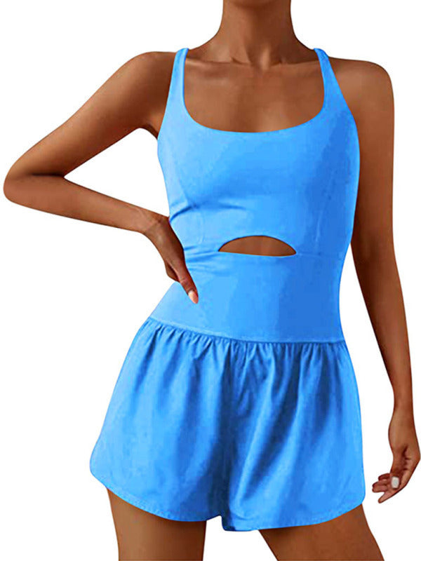 Beautiful Double Back Strap Tight Fitness Jumpsuit (Azure Blue)