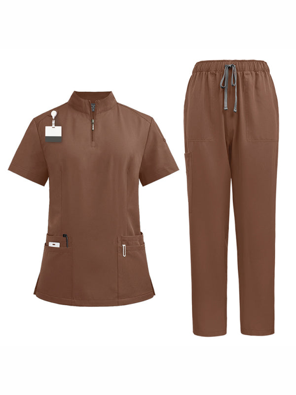 Hospital collar zipper - straight pants solid color uniform (Brown)