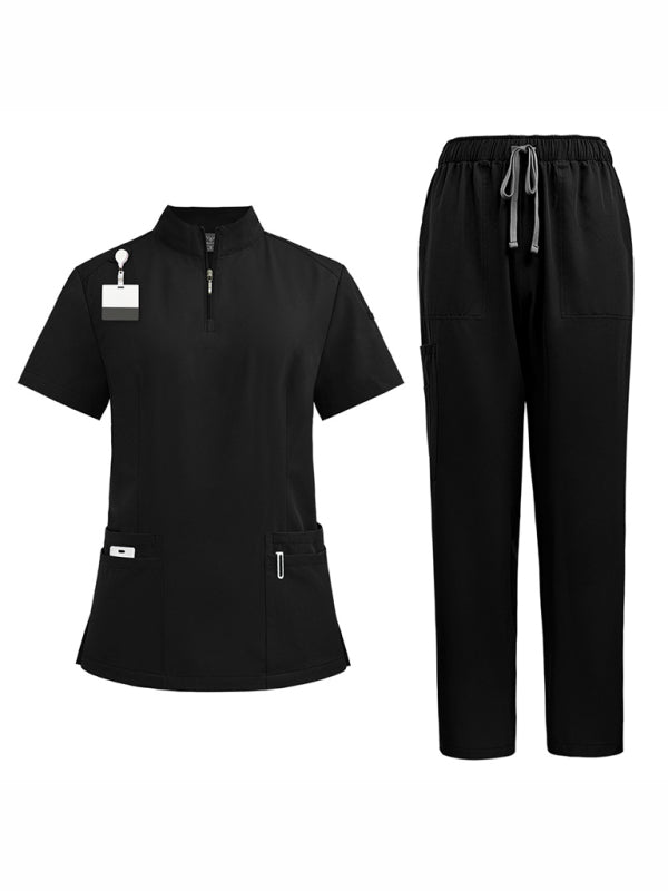 Hospital collar zipper - straight pants solid color uniform (Black)