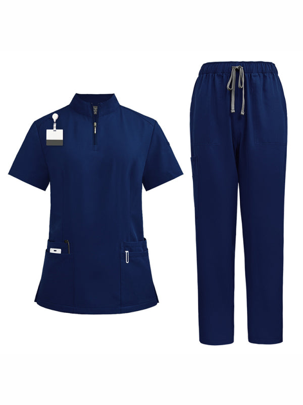 Hospital collar zipper - straight pants solid color uniform (Cobalt Blue)