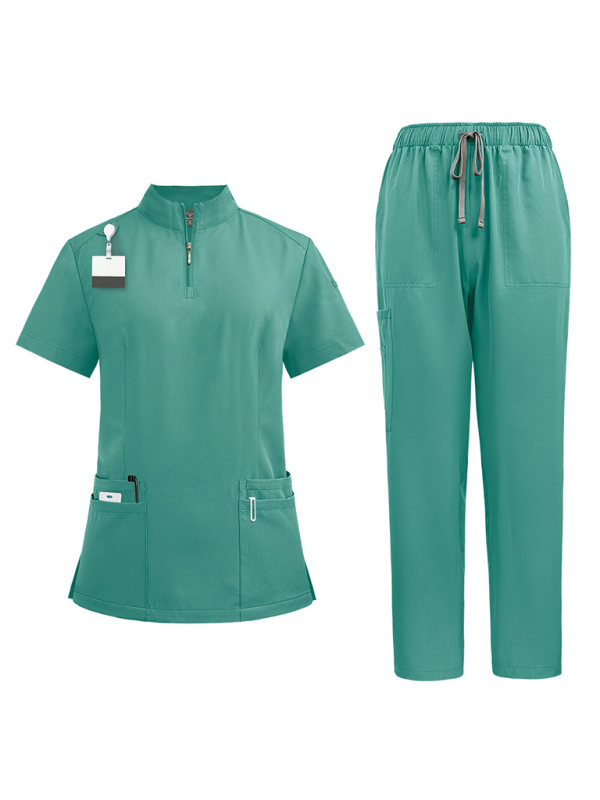 Hospital collar zipper - straight pants solid color uniform (Green)