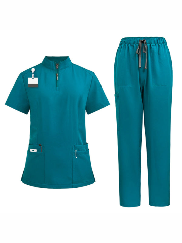 Hospital collar zipper - straight pants solid color uniform (Acid Blue)