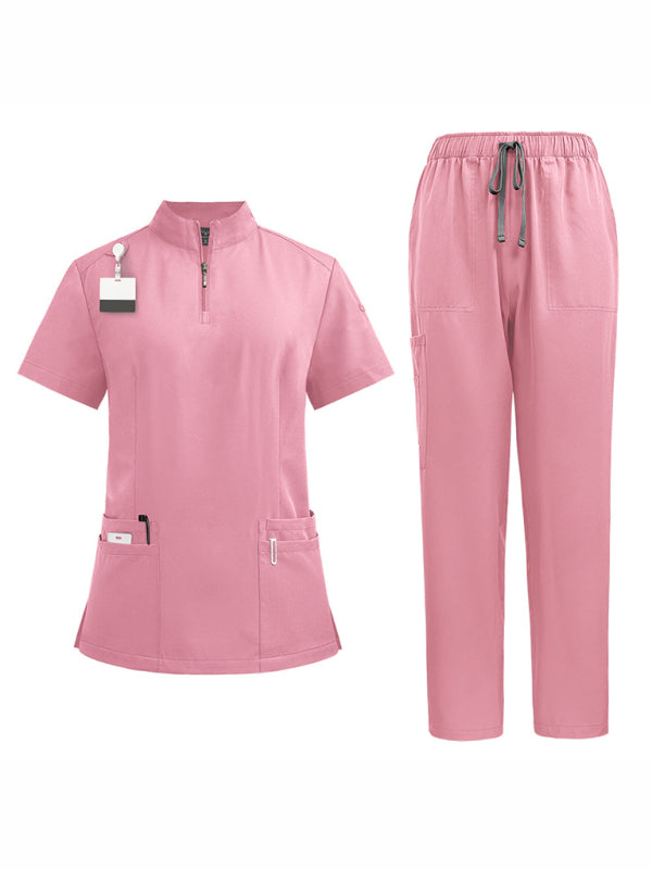 Hospital collar zipper - straight pants solid color uniform (Pink)